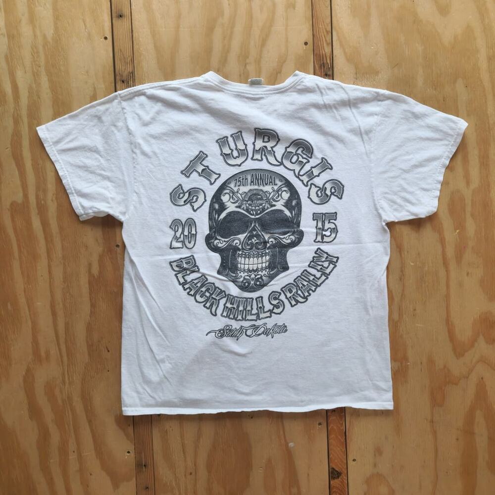 Sturgis Black Hill Rally Biker HD Double Sided Skull Grunge y2K White XL